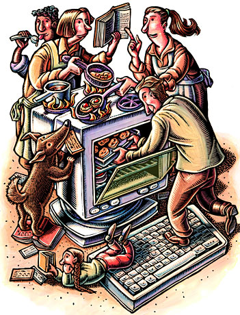 Well, I get my recipes from the web, so I knew what this article was talking about. I pitched some cute mice, just because I've got it in my head that the WSJ comes to me for the cute animals, but this time, only one cute animal.  I hope CRT monitors don't go out of style yet, they're way more useful to illustrators than the flat-screen type... but, like the rotary dial phone, I'm going to have to drop them soon. Alas! Cellphones and flat-screens just aren't as roomy for tinkering with!