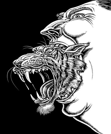 Even Deadlier: Anger (tiger from mouth)  If at first you don't succeed....I tried to pitch the tiger idea for 'Anger' in the first book, but they loved the 'burning thinker' dude. I re-pitched it for the second edition (except this time the tiger coming from the guy, not vice-versa), and they were really happy with it.