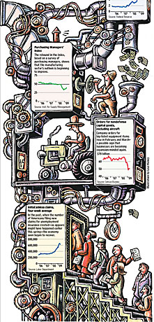 I came up with this idea (and one other, of vines running through the page,with people climbing them with various items), but this one was the obvious winner. They called me for this on a Friday afternoon, and needed sketches within the hour. It had to contain seven charts, and fit into the freakiest space EVER! I love a challenge Part of the challenge of this was making the machine reflect the charts: durable goods sales, consumer confidence, etc. I'm a stickler for machines that 'hang together', and reward careful scrutiny. I was so proud when this came out as a full-pager in the WSJ. Make sure you click the page link to see the whole thing, it was a tour-de-force of mechanical frivolity! 