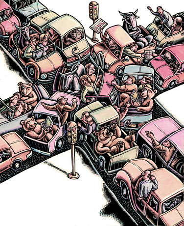 "Rectangles consist of sideways price action or a congestion area bounded by two horizontal or nearly horizontal trend lines at top and bottom. Rectangles can be either continuation or reversal patterns depending on the direction of the breakout in relation to the price trend before entering the formation. They are long formations that can extend from 3 months to a year, with an average duration of six months..."  Sounds like gridlock in New York to me! The art director agreed, and this traffic snarl graced the cover.