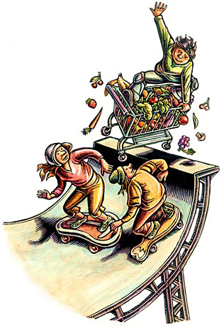 "We should have seen it coming. After reading 'Fast Food Nation,' he stopped eating at burger joints. His circle of friends included several vegetarians, and his vegan cousin spent part of the summer with us. In time, Cody discovered sushi and smoothies, whole wheat pizza and edamame..."  Since this was going to be a section cover, I wanted to make something sort of bold and graphic... looking these over again, I think I would have been happy doing a few of these, but I think the 'steak-board' was pretty funny!