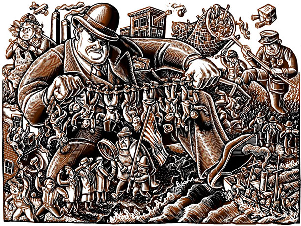 This was a fun one for me! The Progressive Magazine does a yearly calendar, with one 'progressive' sort of event illustrated each month. I don't believe I did a lot of sketches for this one, because I got this idea right away, and they let me run with it. After reading up on the Palmer Raids of 1920, I could see why the editors chose this largely-forgotten event as their leading illustration. (well, besides the fact that it happened in January...) Back in those days, terrorists were on the rampage... sort of; anarchists were certainly on the loose (like the one who shot McKinley), and you'll recall Russia had just been overthrown in a violent revolution. Our government, in particular Alexander Mitchell Palmer, (then Attorney General), worried about terrorism, and about Communists in general. So they proceeded to arrest 5,000 people on January 2, 1920. (political and social reformers got caught up in the dragnet too, oops!). Backtracking a bit -- J. Edgar Hoover had been put in charge of the 'General Intelligence Division', and he had collected huge lists of 'suspected Communists'. The government gave itself powers to search suspect's (and political activist's) houses in the name of 'national security'. They even shipped some folks to Russia, against their will... talk about "America, love it or leave it"! Well, it turns out the whole thing was pretty tied up with Palmer's political aspirations. Of course The Progressive would like us to see the parallels between that time and our own, so that we might steer clear of their excesses. I included a few little visual 'jokes', since anyone who uses the calendar will have a whole month to puzzle it out. For instance, the smoke stacks in the upper left look like the WTC, and we have the Abu Ghurab-type mask on one of the detainees... but who is that fellow knitting in the upper left, like Madame DeFarge? Hoover, of course! (in drag, of course!) (okay, okay, I know it's just an urban legend. But it worked for the metaphor)