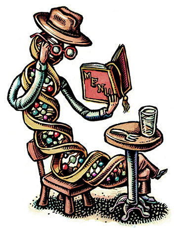 (DNA-shaped guy in cafe) "Some people can eat slabs of steak and butter without gaining weight or raising their cholesterol levels. Others assiduously shun fats and still have a high risk of heart disease. The different response to diet is determined in part by one's genes."