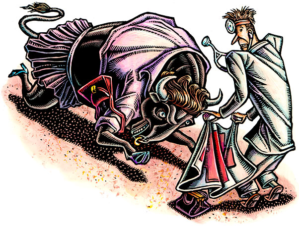 (bull patient charges doctor) This article proved to be quite controversial, and the illustration had to be re-run with letters from angry readers. The doctor described how patients can walk into his office itching for a fight, already sure of the care they want... which, due to HMO restrictions, he may be unable to offer. So, I made the patient character the disagreeable party. I'm sure it's true that there are many disagreeable patients.