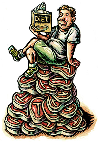 (man on pile of steaks, reading diet book) "High-Fat Diet: Count Calories and Think Twice"  "The debate over high-fat versus low-fat as a means of weight control flared up again this summer, leaving many weight-conscious Americans thoroughly confused and most nutrition experts up in arms."
